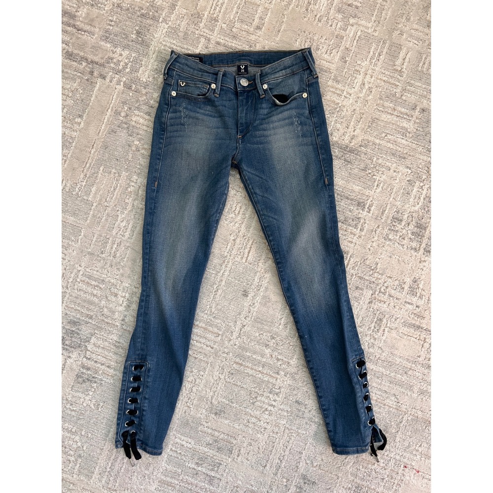 True Religion Halle Mid Rise Super Skinny Ankle Lace Up Jeans Size 25